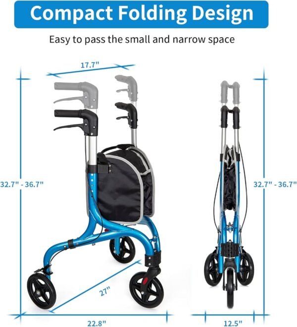 Planetwalk Premium 3 Wheel Rollator Walker for Seniors Brilliant Blue